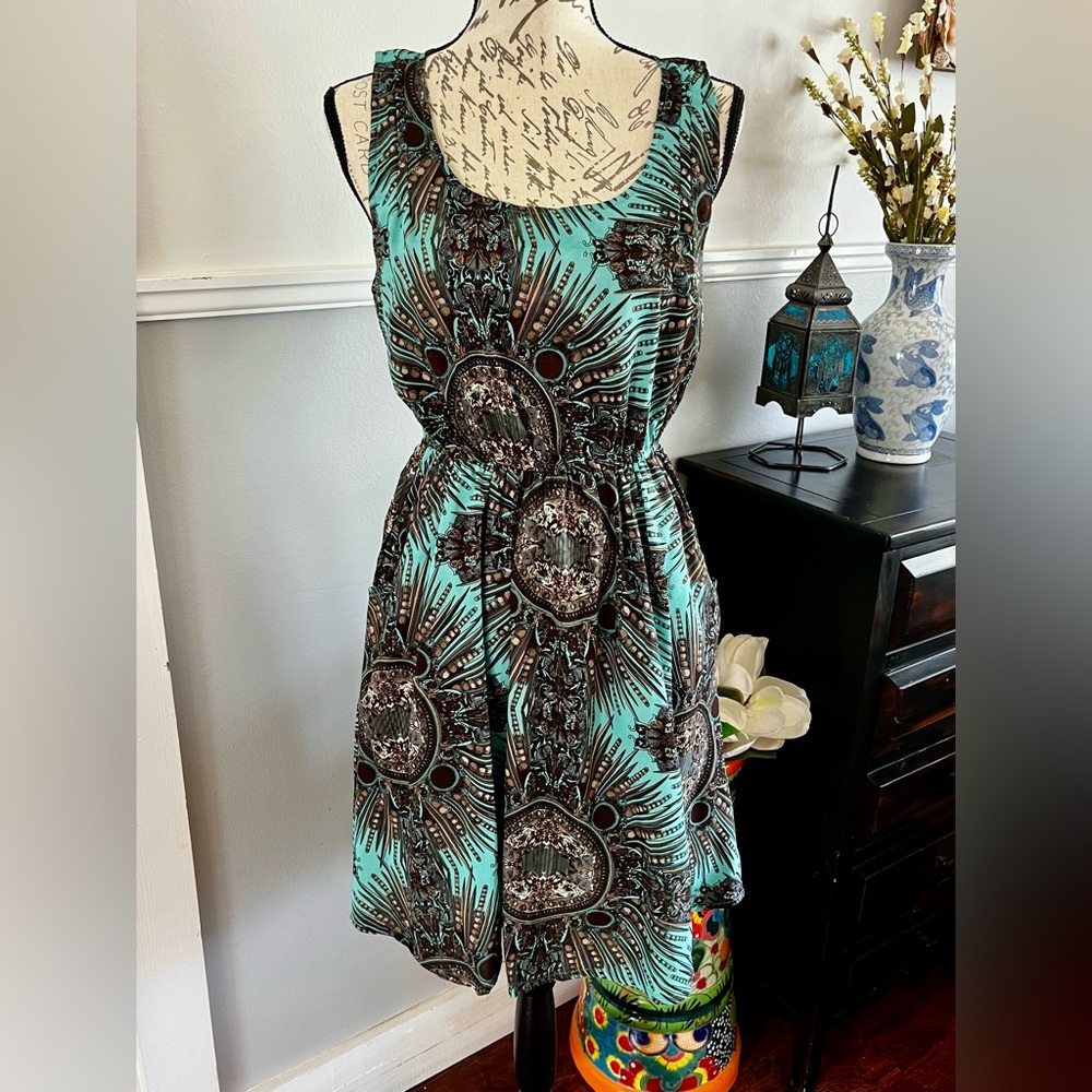 EUC Earthbound Trading Co. Teal & Feather Patterned Mini Dress Pockets Medium - Picture 3 of 14